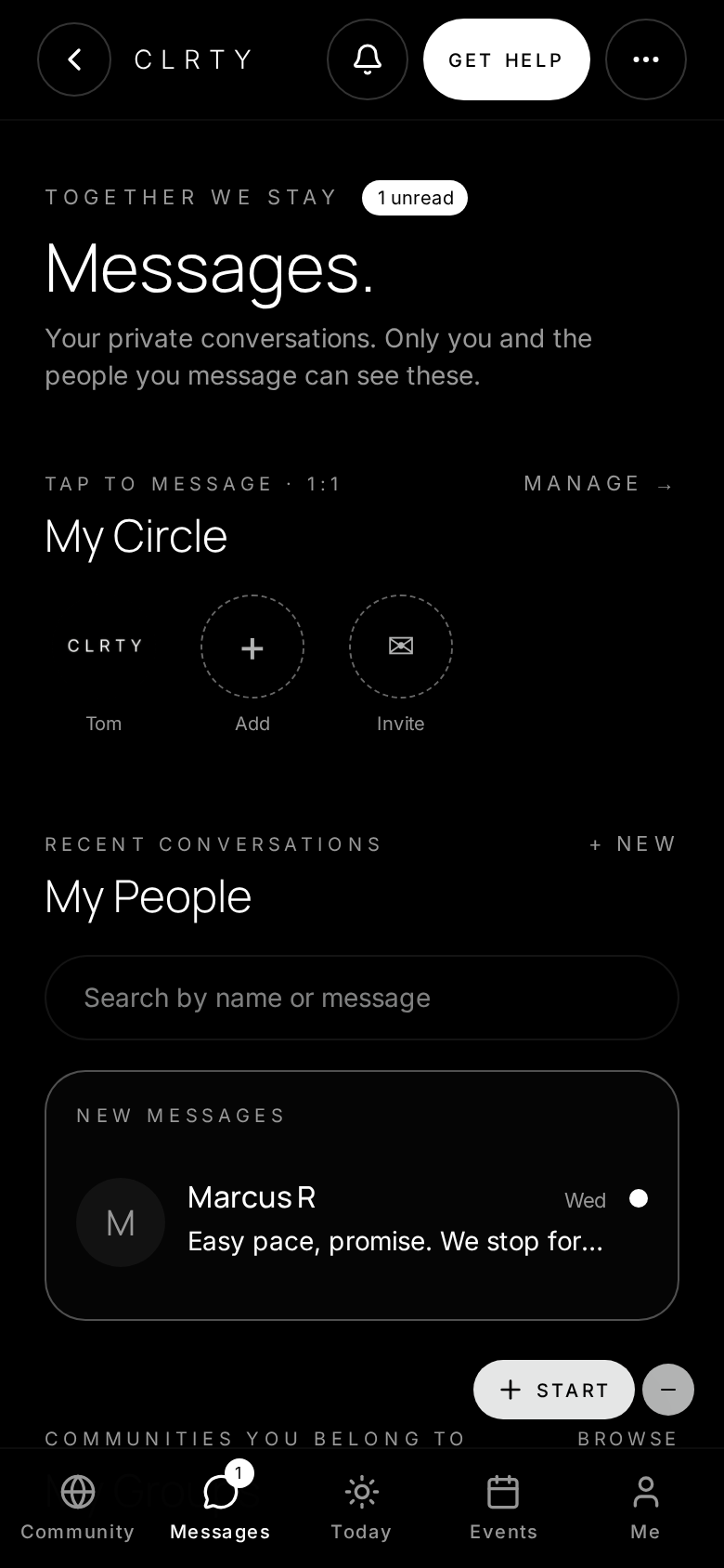 The CLRTY messages screen showing My Circle and a recent conversation
